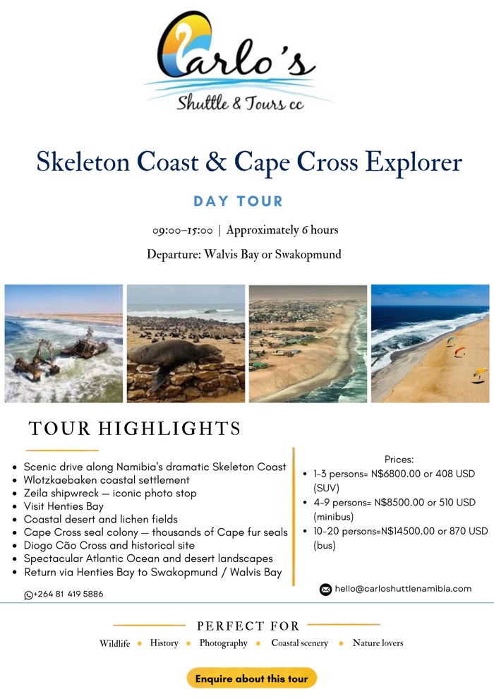 Skeleton Coast & Cape Cross Explorer package flyer with itinerary and pricing