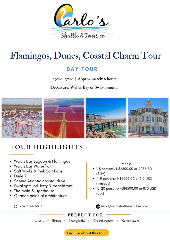 Flamingos, Dunes, Coastal Charm Tour package flyer with itinerary and pricing