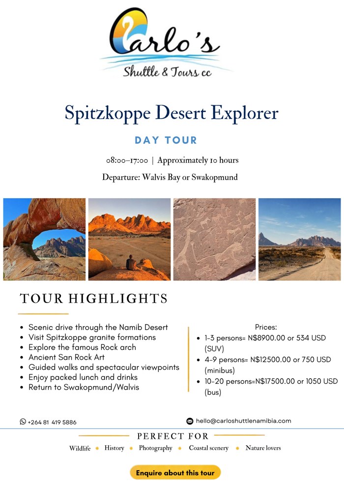 Spitzkoppe Desert Explorer package flyer with itinerary and pricing