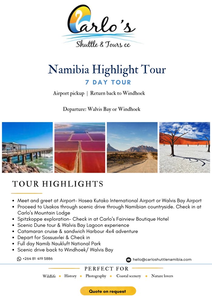 Namibia Highlight Tour package flyer with itinerary and pricing