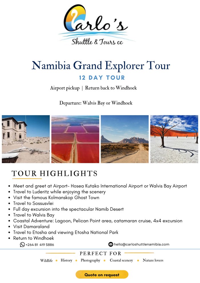 Namibia Grand Explorer Tour package flyer with itinerary and pricing