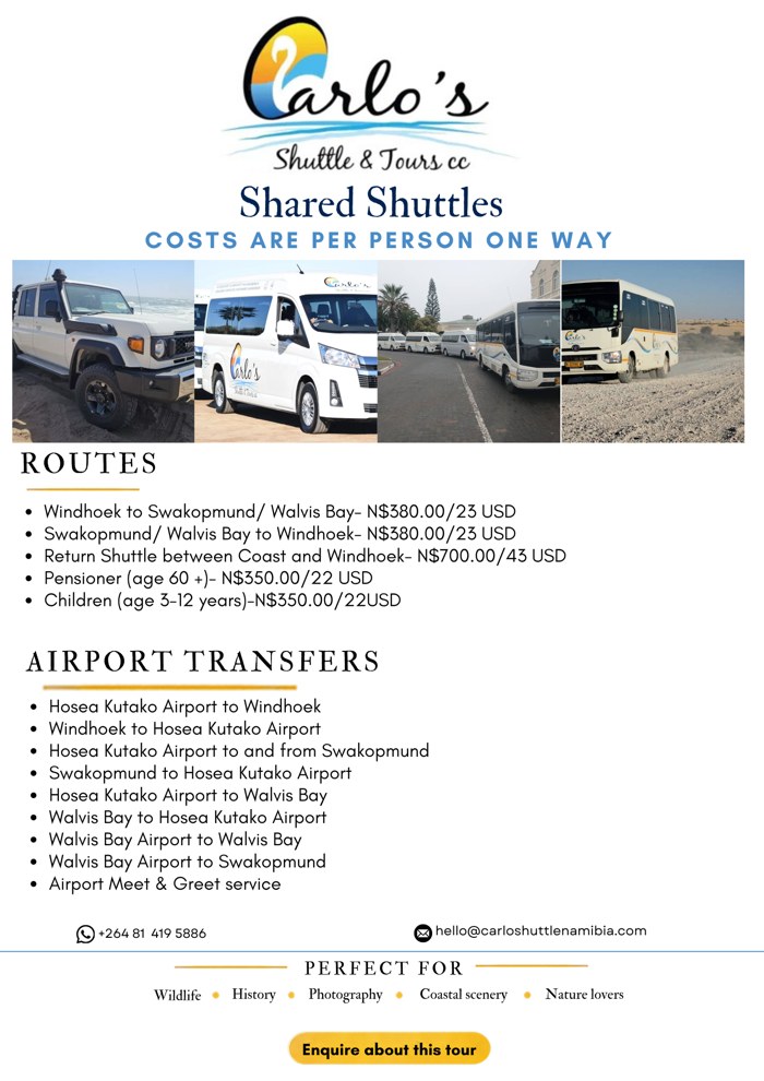 Shared Shuttles & Airport Transfers package flyer with itinerary and pricing