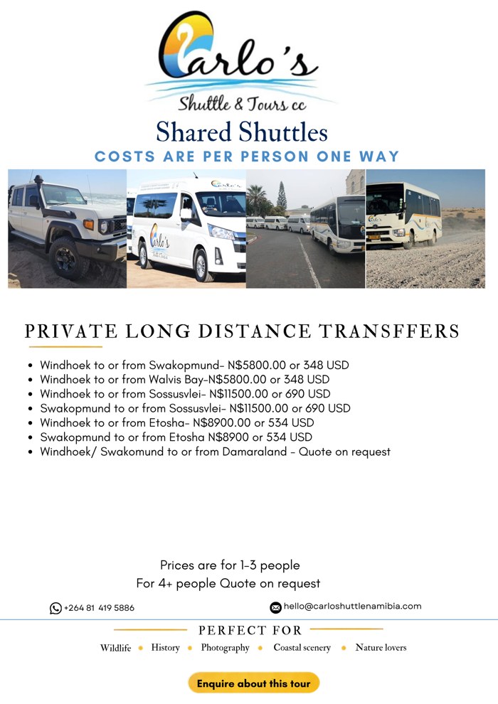 Private Long-Distance Transfers package flyer with itinerary and pricing